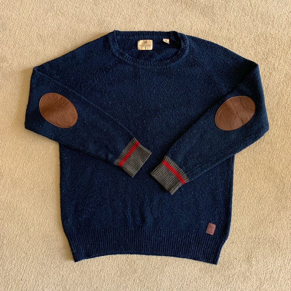 Scotch & Soda Navy Crewneck Sweater with Brown Elbow Patches